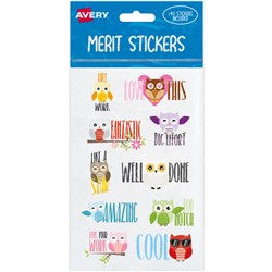 AVERY MERIT STICKERS OWLS 10 DESIGNS ASSORTED COLOURS 40 STICKERS