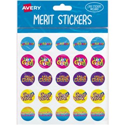 AVERY MERIT STICKERS CAPTION 2 ROUND 22MM 5 DESIGNS ASSORTED COLOURS 300 STICKERS
