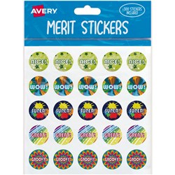AVERY MERIT STICKERS CAPTION 3 ROUND 22MM 5 DESIGNS ASSORTED COLOURS 300 STICKERS