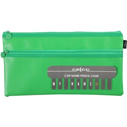 CELCO PENCIL CASE NAME TWIN ZIP LARGE 350 X 180MM GREEN