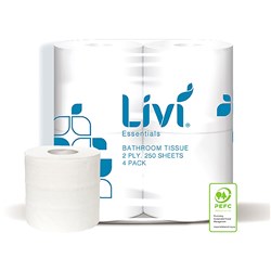 LIVI ESSENTIALS TOILET TISSUE 2 PLY 250 SHEETS PACK 4 CARTON OF 12