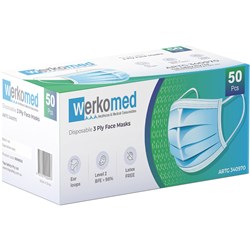 WERKOMED SURGICAL FACE MASK DISPOSAL 3 PLY BLUE BOX OF 50