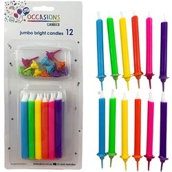 ALPEN OCCASIONS JUMBO CANDLES WITH HOLDERS BRIGHT ASSORTED COLOURS PACK OF 12