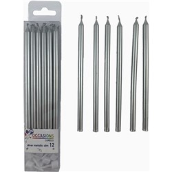 ALPEN OCCASIONS SLIM CANDLES WITH HOLDERS 120MM SILVER PACK OF 12