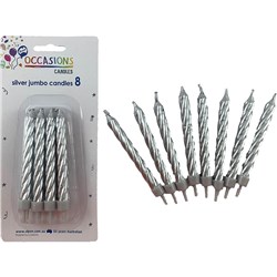 ALPEN OCCASIONS JUMBO BIRTHDAY CANDLES WITH HOLDERS SPIRAL SILVER PACK OF 8