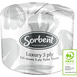 SORBENT PROFESSIONAL LUXURY TOILET TISSUE ROLLS 3 PLY 225 SHEETS CARTON OF 48