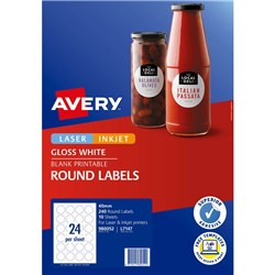 AVERY BLANK PRINTABLE LABELS L7147 40MM ROUND GLOSS WHITE 24UP 240 LABELS 10 SHEETS