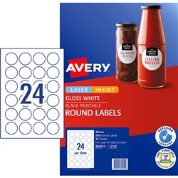 Avery Blank Printable Labels L7147 40mm Round Gloss White 24UP 240 Labels 10 Sheets