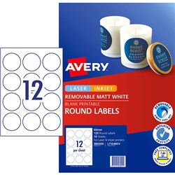 AVERY REMOVABLE LABELS L7104 REV 60MM ROUND MATTE WHITE 12UP 120 LABELS 10 SHEETS