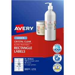 AVERY CRYSTAL CLEAR L7113 LABELS 96X50.8MM RECTANGLE 10UP 100 LABELS 10 SHEETS