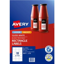 AVERY BLANK PRINTABLE LABELS L7109 62X42MM RECTANGLE GLOSS WHITE 18UP 180 LABELS 10 SHEET