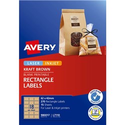 AVERY BLANK PRINTABLE LABELS L7110 62X42MM RECTANGLE KRAFT BROWN 18UP 270 LABELS 15 SHEET