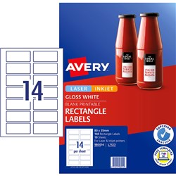 AVERY BLANK PRINTABLE LABELS L7123 80X35MM RECTANGLE GLOSS WHITE 14UP 140 LABELS 10 SHEET