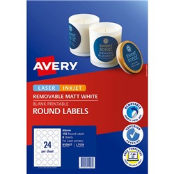 AVERY REMOVABLE LABELS L7129 40MM ROUND MATTE WHITE 24UP 192 LABELS 8 SHEETS