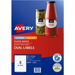 AVERY BLANK PRINTABLE LABELS L7127 84.7X50.8MM OVAL GLOSS WHITE 8UP 80 LABELS 10 SHEETS