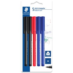 STAEDTLER 432 STICK TRIANGULAR BALLPOINT PEN MEDIUM 1.00MM ASSORTED PACK OF 5