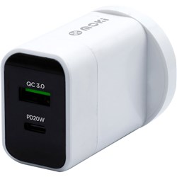 MOKI PD 20W USB-C AND QC 3.0 USB-A WALL CHARGER WHITE