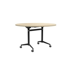 OLG UNI ROUND FLIP TABLE 1200D X 720MMH NEW OAK TOP BLACK FRAME