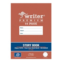 WRITER PREMIUM STORY BOOK A4 64 PAGE 1/2 PLAIN AND 1/2 14MM SOLID RULED WITH MARGIN CAP