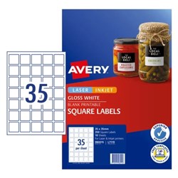 AVERY BLANK PRINTABLE LABELS L7119 35 X 35MM SQUARE GLOSS WHITE 35UP 350 LABELS 10 SHEET