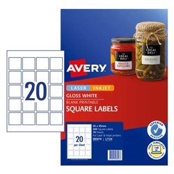 AVERY BLANK PRINTABLE LABELS L7124 45 X 45MM SQUARE GLOSS WHITE 20UP 200 LABELS 10 SHEET