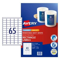 AVERY REMOVABLE LABELS L7144 38 X 21MM RECTANGLE MATTE WHITE 65UP 520 LABELS 8 SHEETS