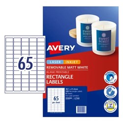 Avery Removable Labels L7144 38 x 21mm Rectangle Matte White 65UP 520 Labels 8 Sheets