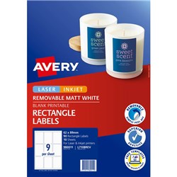 AVERY REMOVABLE LABELS L7108REV 62 X 89MM RECTANGLE MATTE WHITE 9UP 90 LABELS