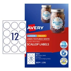 AVERY LINEN TEXTURED LABELS L7283 63MM SCALLOP WHITE 12UP 60 LABELS 5 SHEETS