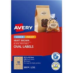 AVERY BLANK PRINTABLE LABELS L7103 63.5 X 42.3MM OVAL KRAFT BROWN 18UP 270 LABELS 15 SHEET