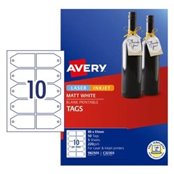 AVERY BLANK PRINTABLE GIFT TAG LABELS C32303 89 X 51MM MATTE WHITE 10UP 50 TAGS 5 SHEETS