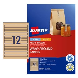 AVERY BLANK PRINTABLE LABELS L7145 190 X 16MM WRAP AROUND KRAFT BROWN 12UP 180 LABELS