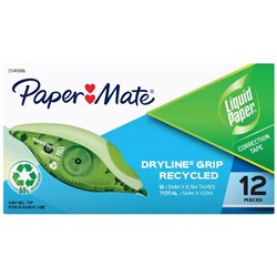 PAPERMATE LIQUID PAPER DRYLINE GRIP CORRECTION TAPE WHITE BOX OF 12