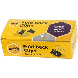 MARBIG FOLDBACK CLIPS 32MM BLACK BOX OF 12