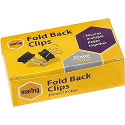 MARBIG FOLDBACK CLIPS 25MM BLACK BOX OF 12