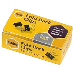 MARBIG FOLDBACK CLIPS 15MM BLACK BOX OF 12