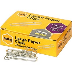 MARBIG PAPER CLIPS LARGE 33MM CHROME BOX OF 100