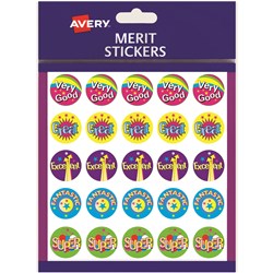AVERY MERIT STICKERS MULTI CAPTIONS ROUND 22MM ASSORTED COLOURS PACK OF 200