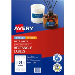 AVERY BLANK PRINTABLE LABELS L7665 72 X 21.15MM RECTANGLE MATTE WHITE 24UP 600 LABELS