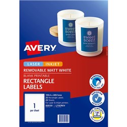 AVERY REMOVABLE LABELS L7167REV 199.6X289.1MM RECTANGLE WHITE 1UP 25 LABELS