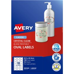 AVERY BLANK PRINTABLE LABELS L6024C 63.5 X 42.3MM OVAL CLEAR 18UP 180 LABELS 10 SHEET