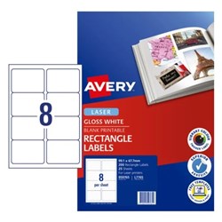 AVERY PRINTABLE LABELS L7765 99.1 X 67.7MM RECTANGLE PHOTO GLOSS WHITE 8UP 200 LABELS