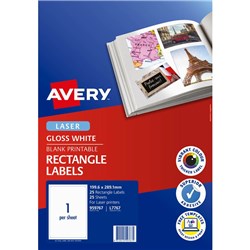 AVERY PRINTABLE LABELS L7767 199.6X289.1MM RECTANGLE PHOTO GLOSS WHITE 1UP 25 LABELS