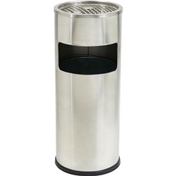 COMPASS CYLINDRICAL LOBBY BIN WITH ASHTRAY 10 LITRES STAINLESS STEEL