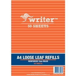 WRITER BINDER REFILLS A4 7MM RULED REINFORCED PACK OF 50