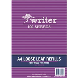 WRITER BINDER REFILLS A4 7MM RULED REINFORCED PACK OF 100