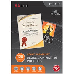 GBC LAMINATING POUCHES A4 125 MICRON GLOSS PACK OF 25