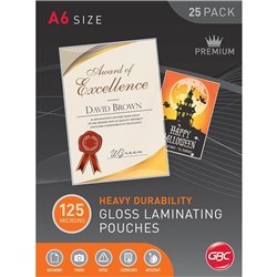 GBC LAMINATING POUCHES A6 125 MICRON GLOSS PACK OF 25