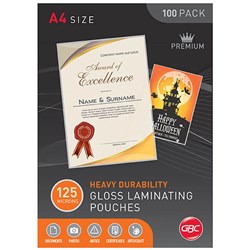 GBC LAMINATING POUCHES A4 125 MICRON GLOSS PACK OF 100