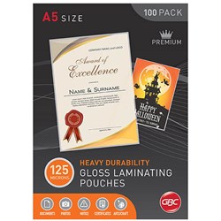 GBC LAMINATING POUCHES A5 125 MICRON GLOSS PACK OF 100